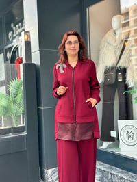 İpek Kumaş / Oysho Kumaş Boncuk Detaylı İkili Pantolonlu Takım Bordo
