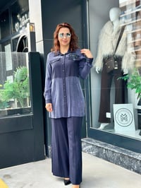 İpek Qupra Kumaş Taş İşlemeli Cepli İkili Takım Lacivert