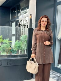 İpek Qupra Kumaş Taş İşlemeli Cepli İkili Takım Kahverengi