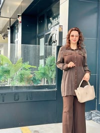 İpek Qupra Kumaş Taş İşlemeli Cepli İkili Takım Kahverengi