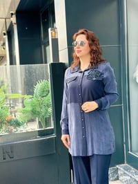 İpek Qupra Kumaş Taş İşlemeli Cepli İkili Takım Lacivert
