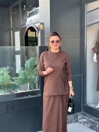 İpek Tensel Kumaş Etek Cep Detaylı İkili Takım Kahverengi