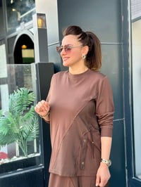 İpek Tensel Kumaş Etek Cep Detaylı İkili Takım Kahverengi