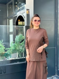 İpek Tensel Kumaş Etek Cep Detaylı İkili Takım Kahverengi