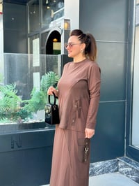 İpek Tensel Kumaş Etek Cep Detaylı İkili Takım Kahverengi