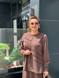 İpeksi Modal Tunik Taş İşlemeli Etekli Takım Kahverengi