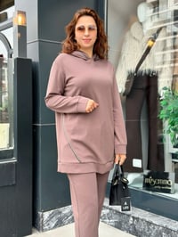 Kapşonlu Paça Taş Detaylı Oysho Kumaş Pantolonlu Takım Sütlü Kahve