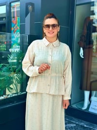 Keten Taş İşlemeli Etekli Takım Bej