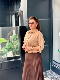NQY Prive Beli Lastikli Pileli Etek Kahverengi