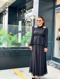 Omuz ve Etek Taş İşlemli Etekli Şifon İkili Takım Siyah