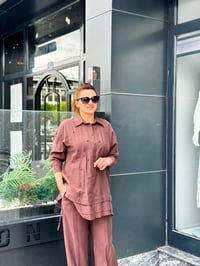 Önü Boncuk İşlemeli Aller Detaylı Keten Pantolonlu Takım Kahverengi