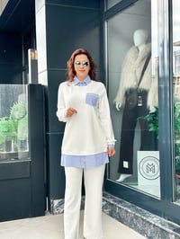 Oysho Kumaş Gömlek ve Taş Detaylı İkili Pantolonlu Takım Ekru