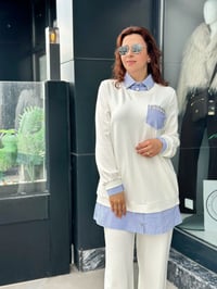 Oysho Kumaş Gömlek ve Taş Detaylı İkili Pantolonlu Takım Ekru