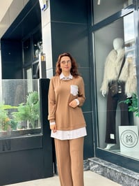 Oysho Kumaş Gömlek ve Taş Detaylı İkili Pantolonlu Takım Taba