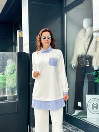 Oysho Kumaş Gömlek ve Taş Detaylı İkili Pantolonlu Takım Ekru