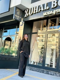 Paraşüt Kumaş Gömlek Yaka Taşlı Pantolon Cepli İkili Takım Siyah