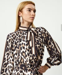 Saten Leopar Elbise Kahverengi