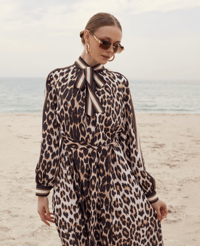 Saten Leopar Elbise Kahverengi