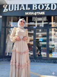 Taş Detaylı Abiye Elbise Krem