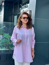 Taş İşlemeli Çizgili Gömlek Pembe
