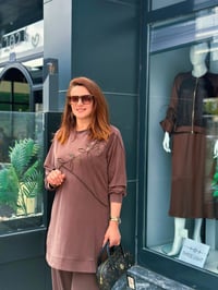 Tencel Qupra Örme Taş İşlemeli Takım Kahverengi