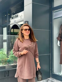 Tencel Qupra Örme Taş İşlemeli Takım Kahverengi