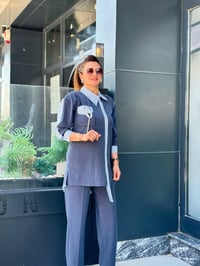 Tensel Qupra Kumaş Gömlek ve Taş Detaylı Esnek İkili Takım Lacivert