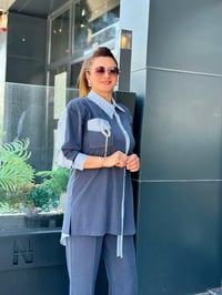 Tensel Qupra Kumaş Gömlek ve Taş Detaylı Esnek İkili Takım Lacivert