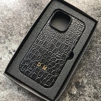 Deri iPhone Kılıf 13 Pro Siyah Baby Croco Full Deri