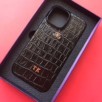 Deri iPhone Kılıf 13 Pro Siyah Croco Full Deri