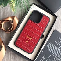 Deri iPhone Kılıf 14 Plus Kırmızı Croco