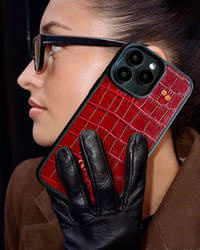 Deri iPhone Kılıf 14 Pro Kırmızı Croco