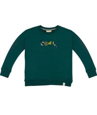 Sweatshirt ve Eşofman Takımı Çocuk bisiklet yaka, eğlenceli nakış detaylı, unisex ve rahat kalıp sweatshirt ve Cepli, lastikli ve ayarlanabilir bel kısmına sahip eşofman altı – Antrasit Füme - Yeşil kordonlu Tok duran, rahat ve yumuşacık Ultra Yumuşak Dok