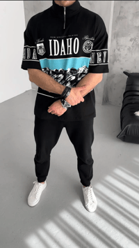 Erkek  Baskılı Yarım Fermuarlı  Kısa kol T-Shirt - Siyah