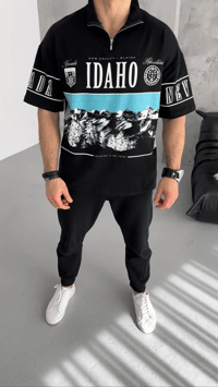 Erkek  Baskılı Yarım Fermuarlı  Kısa kol T-Shirt - Siyah