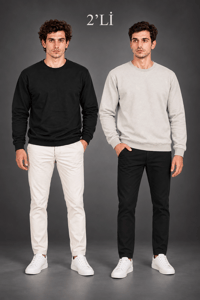 Erkek 2'Li Bisiklet Yaka İçi Şardonlu 2 İplik Düz Uzun Kollu Regular Fit Sweatshirt - Siyah & Gri