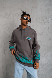 Erkek 3 iplik Pamuklu Alev Baskılı Kapüşonlu hoodie Sweatshirt - Gri