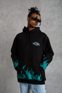 Erkek 3 İplik Pamuklu Alev Baskılı Kapüşonlu hoodie Sweatshirt - Siyah