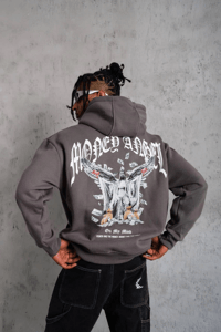 Erkek 3 İplik Pamuklu Baskılı Kapüşonlu Cepli Sweatshirt Hoodie - Füme