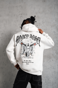 Erkek 3 İplik Pamuklu Baskılı Kapüşonlu Cepli Sweatshirt Hoodie - Beyaz