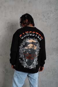 Erkek 3 İplik Pamuklu Bisiklet Yaka Gangster Baskılı Sweatshirt - Siyah