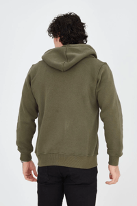Erkek 3 İplik Pamuklu Fermuarlı Kapüşonlu Kanguru Cepli Baskılı Hoodie Hırka Sweatshirt - Yeşil