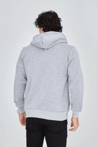 Erkek 3 İplik Pamuklu Fermuarlı Kapüşonlu Kanguru Cepli Baskılı Hoodie Hırka Sweatshirt -Gri