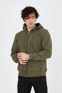 Erkek 3 İplik Pamuklu Fermuarlı Kapüşonlu Kanguru Cepli Hoodie Hırka Sweatshirt - Yeşil