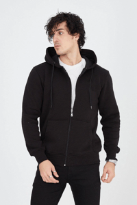 Erkek 3 İplik Pamuklu Fermuarlı Kapüşonlu Kanguru Cepli Hoodie Hırka Sweatshirt - Siyah