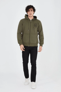 Erkek 3 İplik Pamuklu Fermuarlı Kapüşonlu Kanguru Cepli Baskılı Hoodie Hırka Sweatshirt - Yeşil