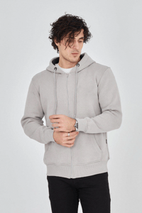 Erkek 3 İplik Pamuklu Fermuarlı Kapüşonlu Kanguru Cepli Hoodie Hırka Sweatshirt - Boyalı Gri