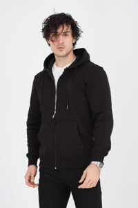 Erkek 3 İplik Pamuklu Fermuarlı Kapüşonlu Kanguru Cepli Hoodie Hırka Sweatshirt - Siyah
