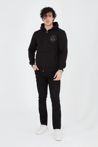 Erkek 3 İplik Pamuklu Fermuarlı Kapüşonlu Kanguru Cepli Baskılı Hoodie Hırka Sweatshirt - Siyah