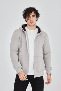 Erkek 3 İplik Pamuklu Fermuarlı Kapüşonlu Kanguru Cepli Hoodie Hırka Sweatshirt - Boyalı Gri